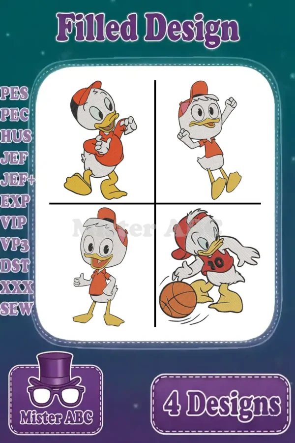 Four vibrant filled embroidery designs of Huey Duck in various active poses, showcasing a complete bundle for crafters.