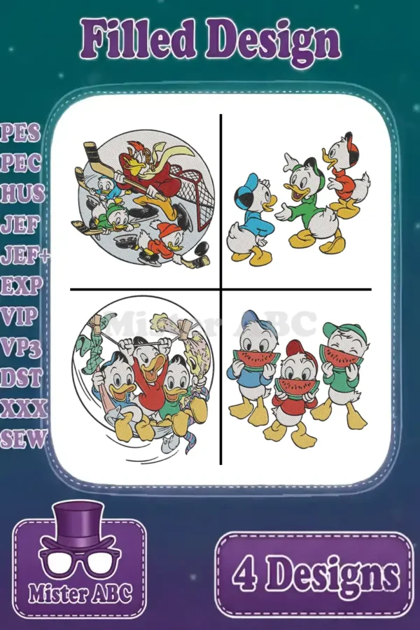 Main product image showing four distinct filled embroidery designs of Huey, Dewey, and Louie in various playful activities.