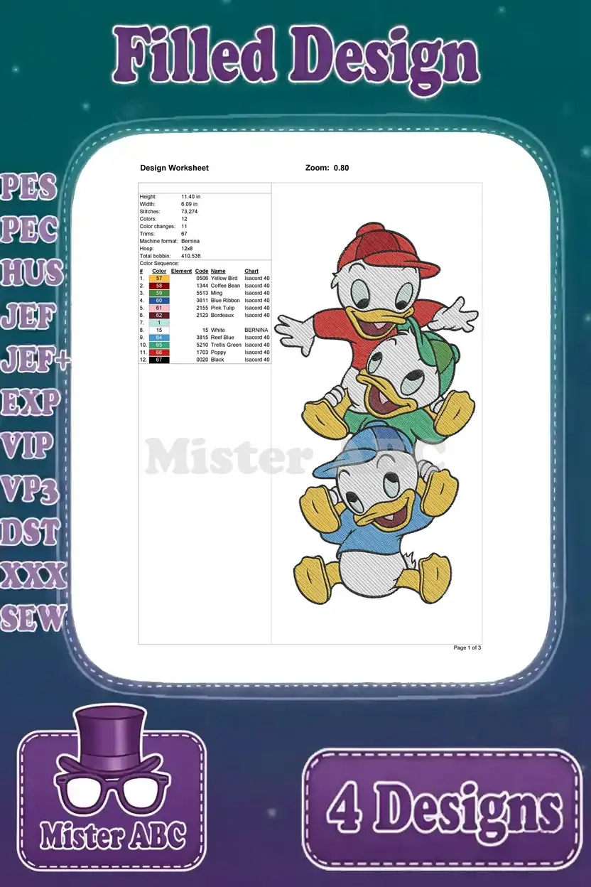Detailed design worksheet for the stacked Huey, Dewey, and Louie embroidery, showing specs and colors.