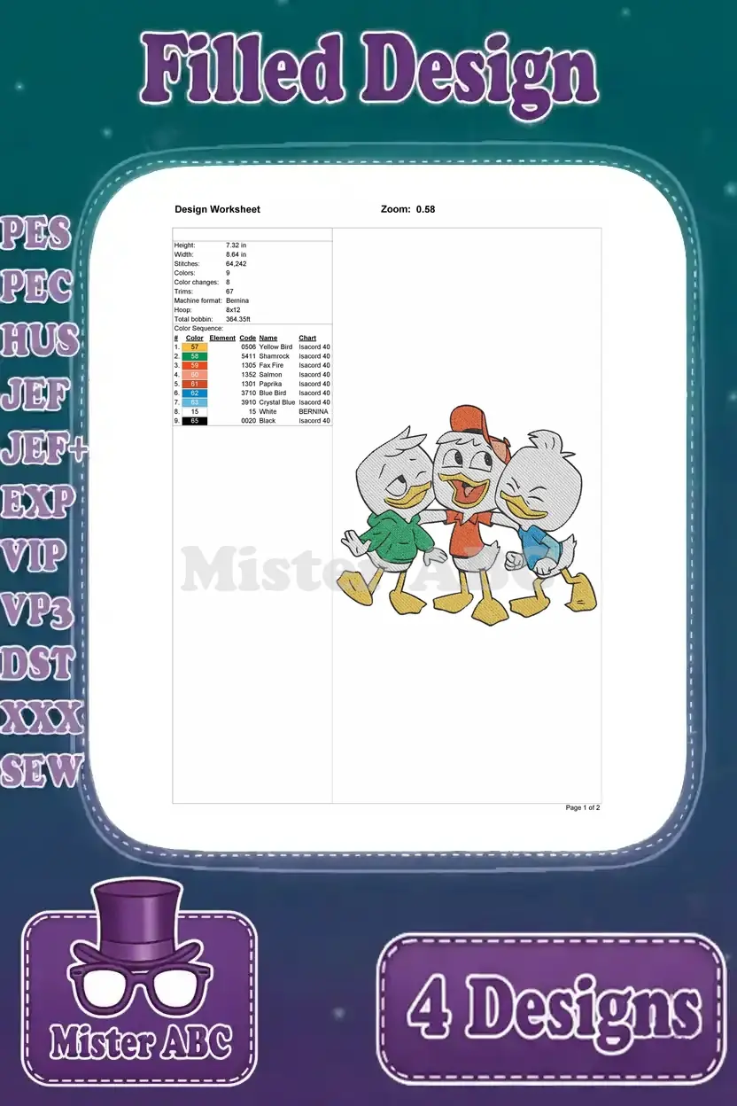 Detailed design worksheet for the arm-in-arm Huey, Dewey, and Louie embroidery, including specs.