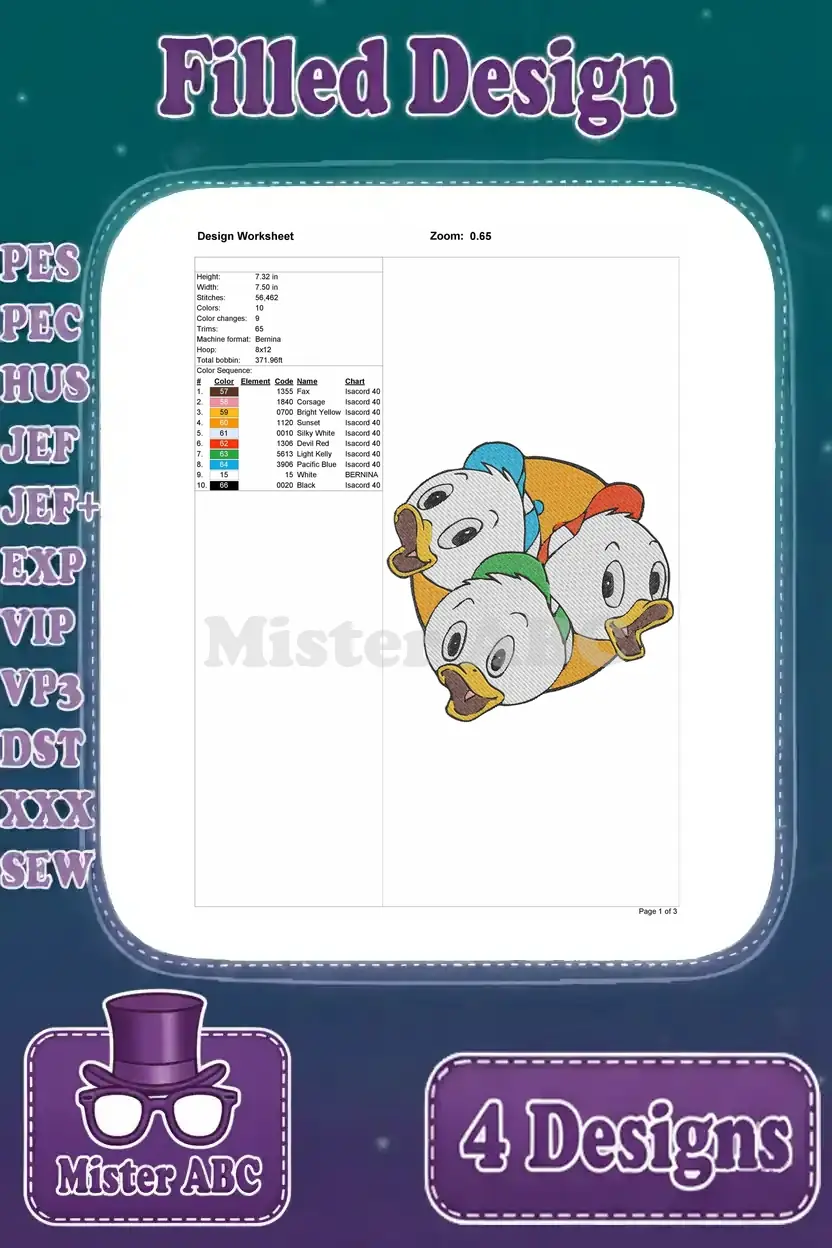 Detailed design worksheet for the Huey, Dewey, Louie heads-in-circle embroidery, with specs.
