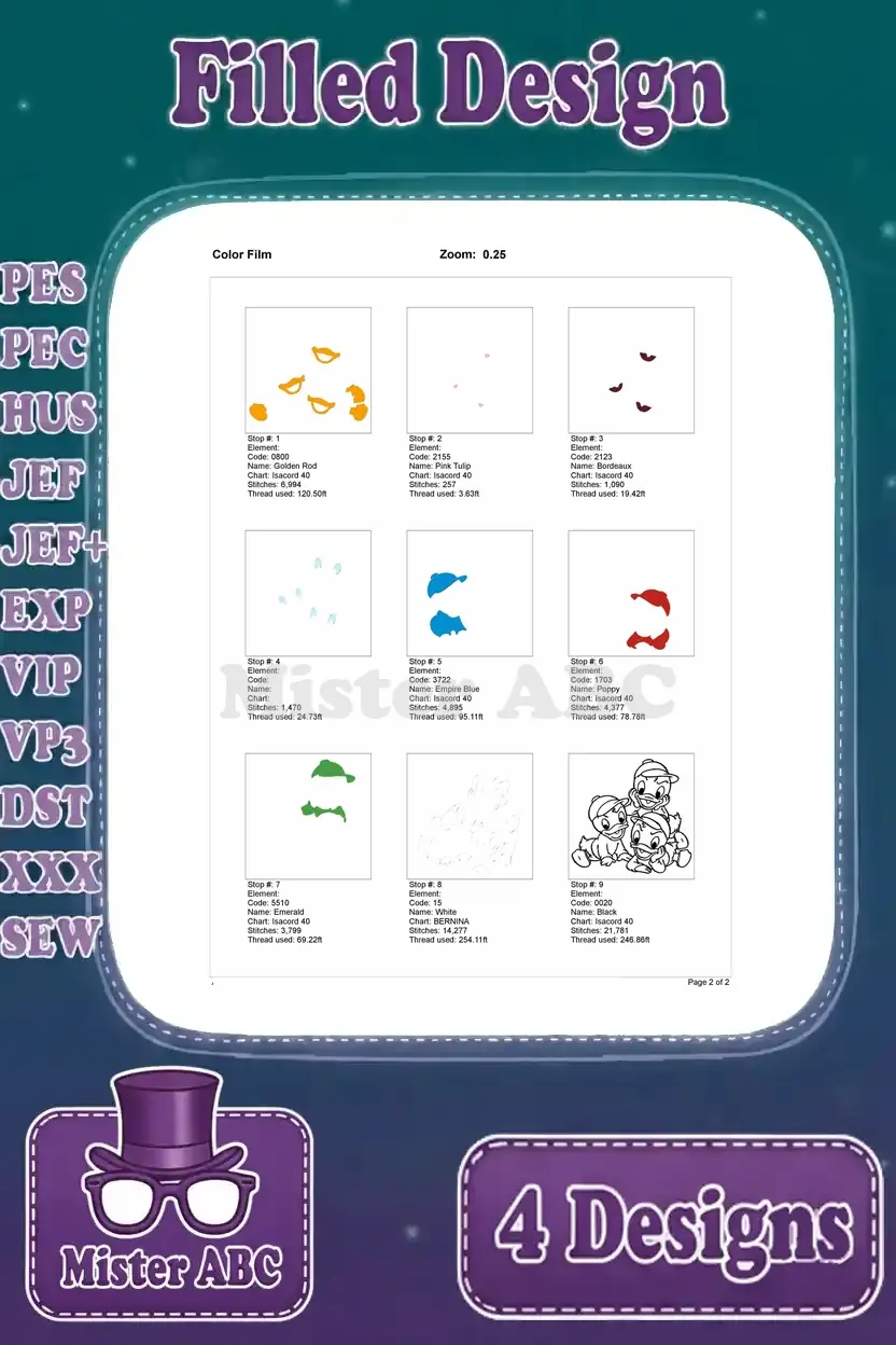 Full color film breakdown for the sitting trio Huey, Dewey, and Louie design, showing all stitch layers.