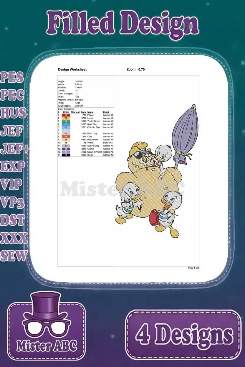 Detailed design worksheet for the Huey, Dewey, and Louie beach scene embroidery, showing stitch data.