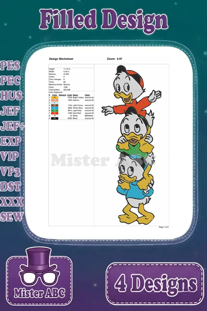 Detailed design worksheet for the stacked Huey, Dewey, and Louie embroidery, showing stitch data.