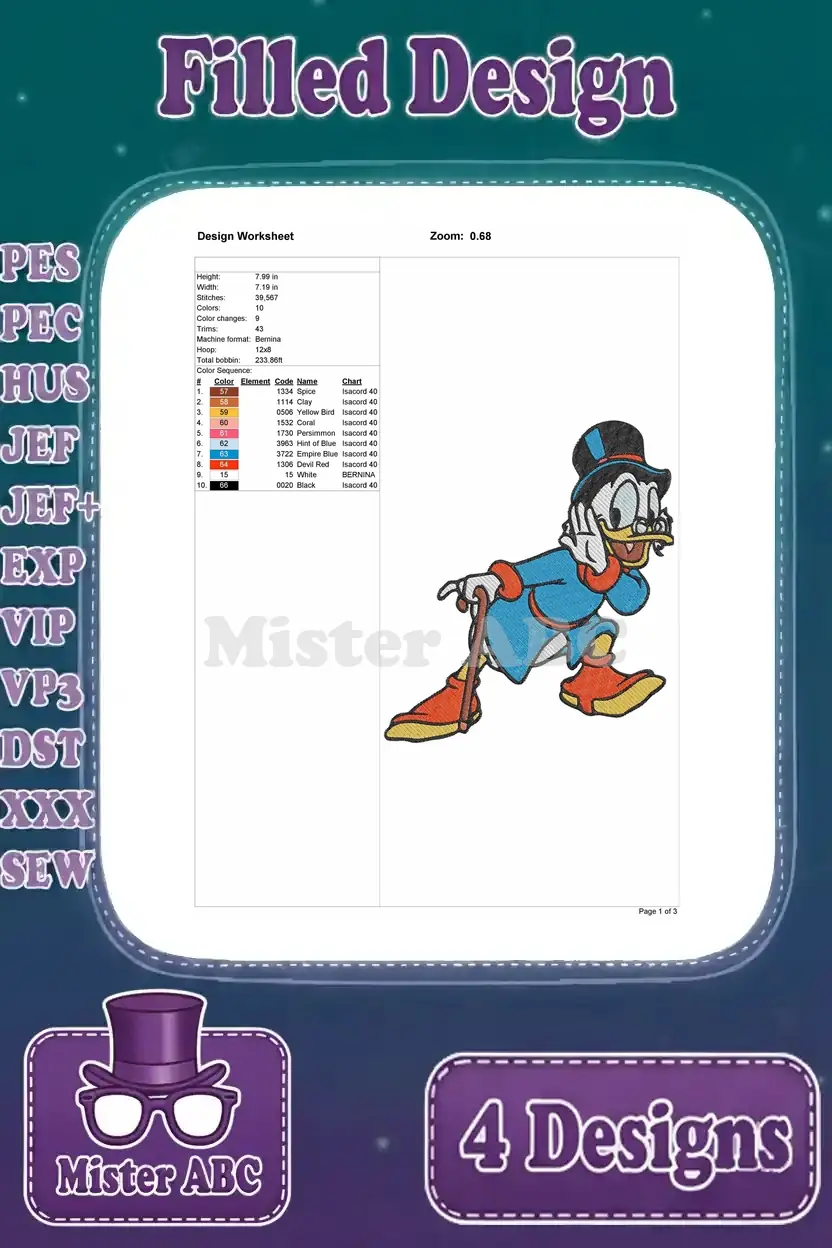 Detailed design worksheet for the pensive Scrooge McDuck embroidery, showing stitch count, dimensions, and color sequence.