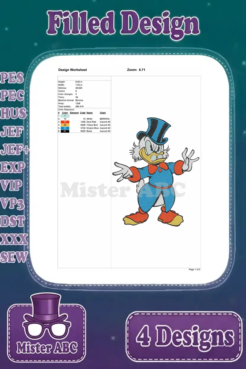 Detailed design worksheet for Scrooge McDuck with hands outstretched, showing stitch count, dimensions, and color sequence.