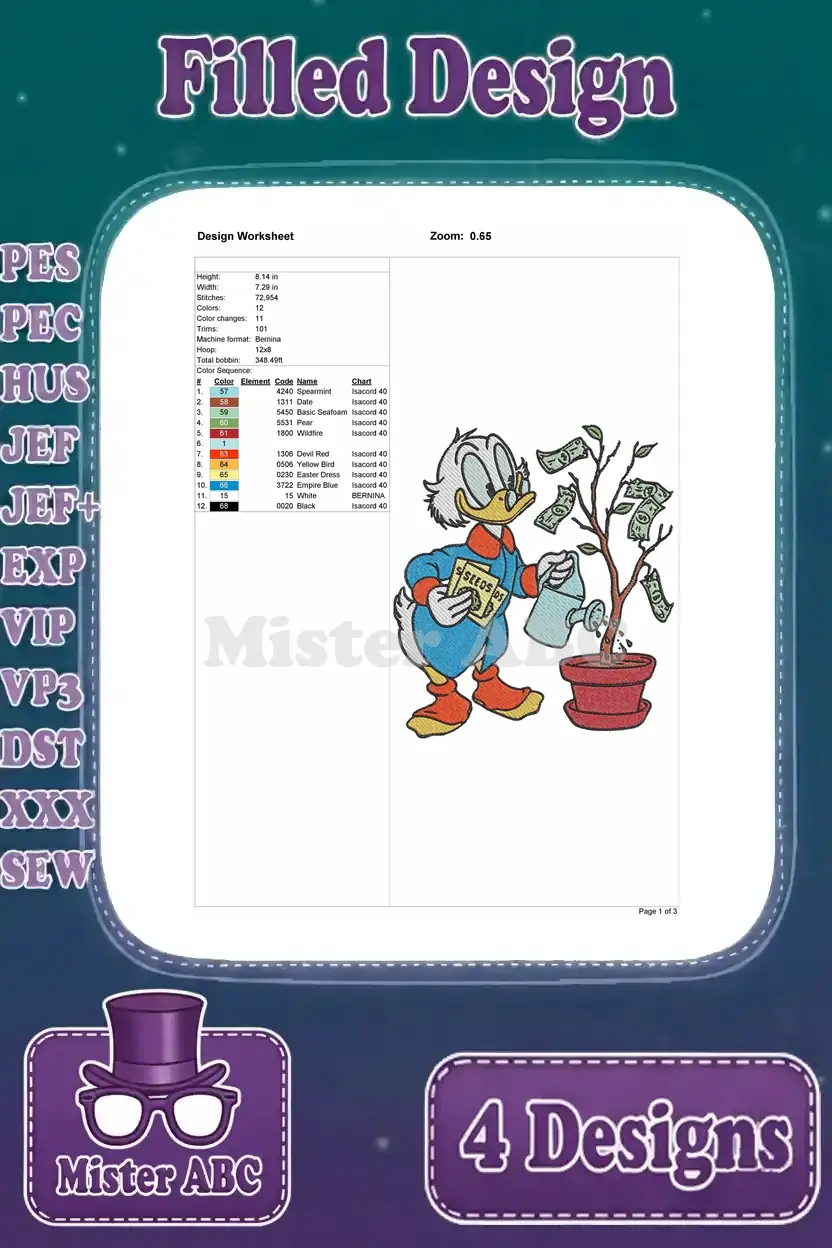 Detailed design worksheet for Scrooge McDuck watering a money tree, showing stitch count, dimensions, and color sequence.
