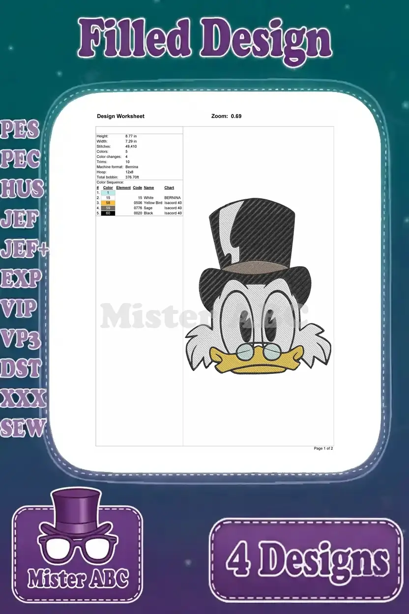 Design worksheet for a filled embroidery of Scrooge McDuck's head, showing stitch count and color sequence.