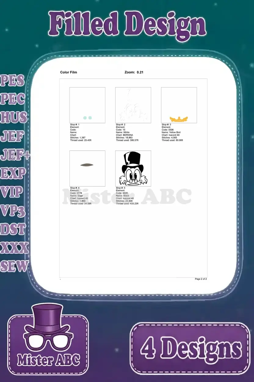 Color film for the Scrooge McDuck head embroidery, illustrating the precise layering of stitches.