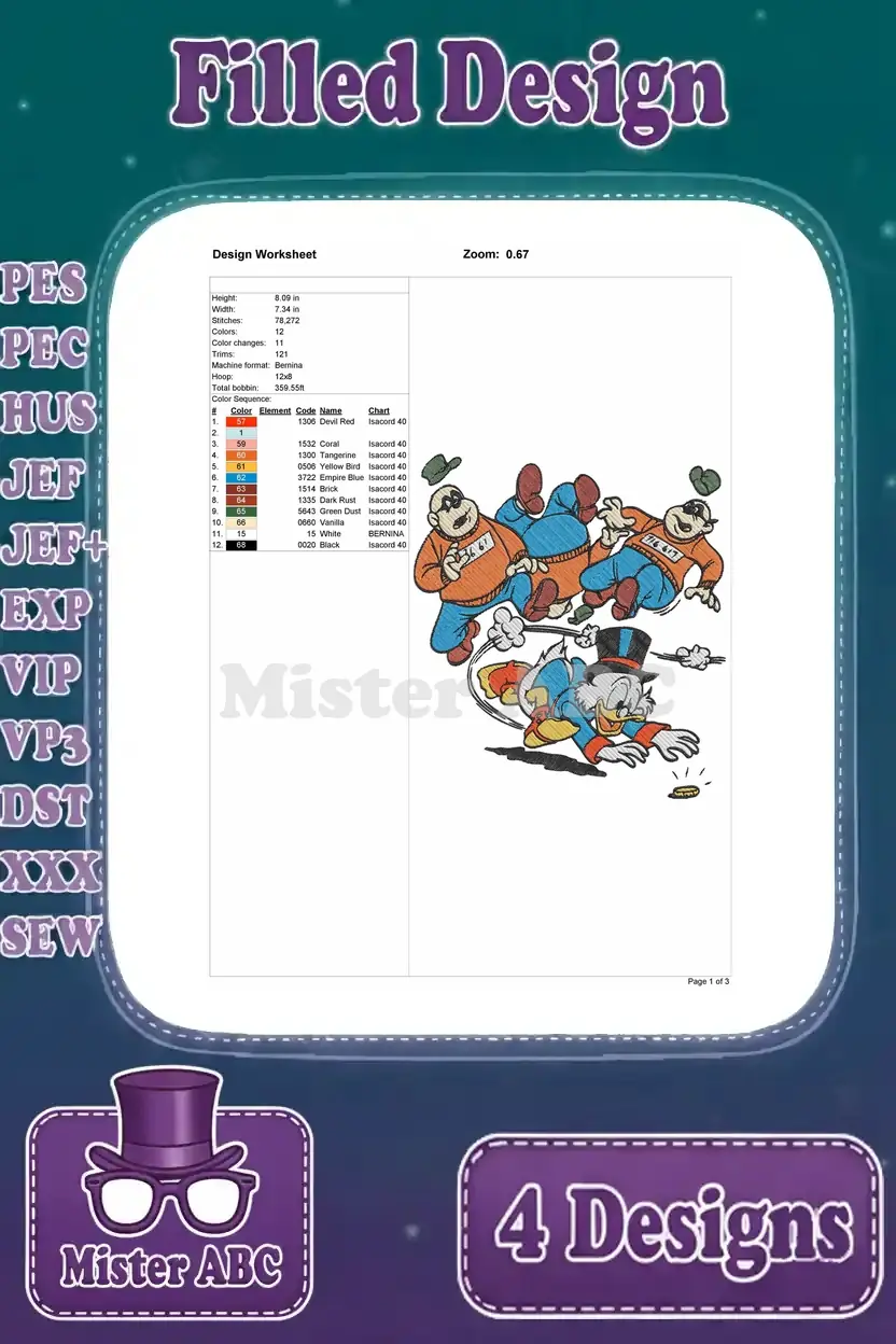 Design worksheet for Scrooge McDuck and nephews with money bags, detailing stitch count and colors.