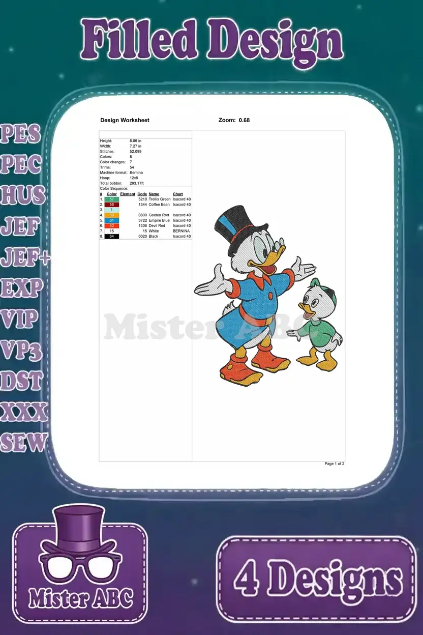 Design worksheet for Scrooge McDuck and a small nephew, outlining stitch details and color sequence.