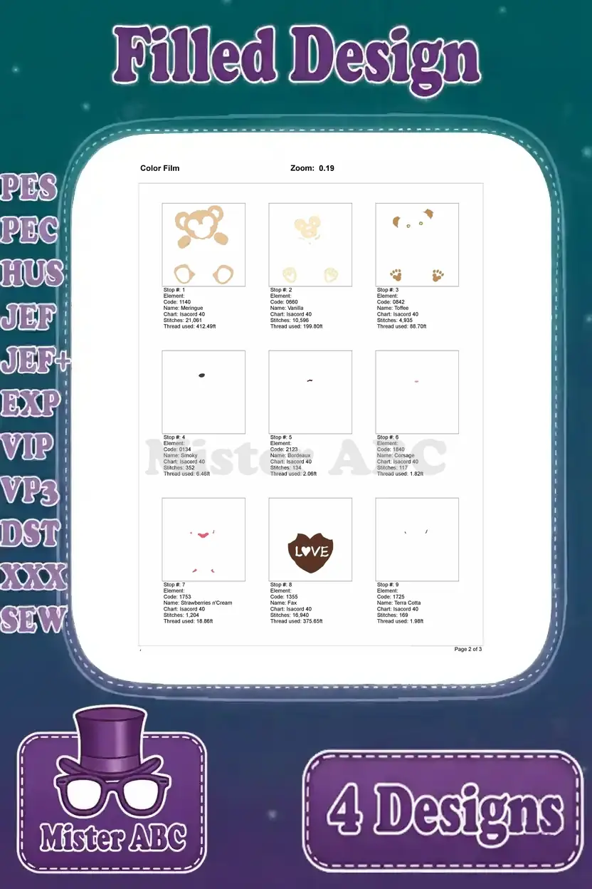 First part of the color film for Duffy Bear 'LOVE' heart embroidery, detailing initial stitch sequence steps 1-9.