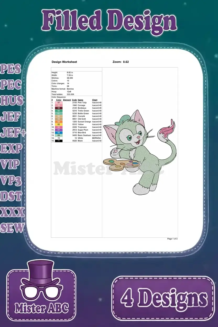 Design worksheet for Gelatoni sitting with art palettes embroidery, detailing stitch count, size, and thread colors.