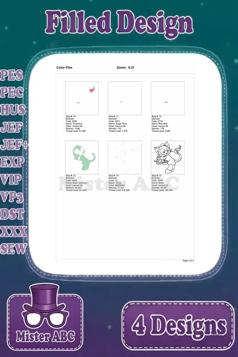 Second part of the color film for Gelatoni sitting with palettes embroidery, detailing final stitch sequence steps 13-15.