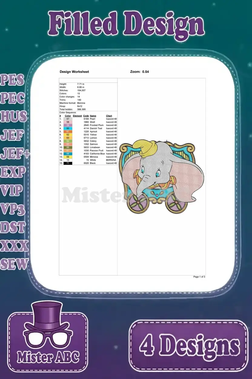 Detailed design worksheet for the Dumbo in a carriage embroidery, showing stitch count, color sequence, and dimensions.