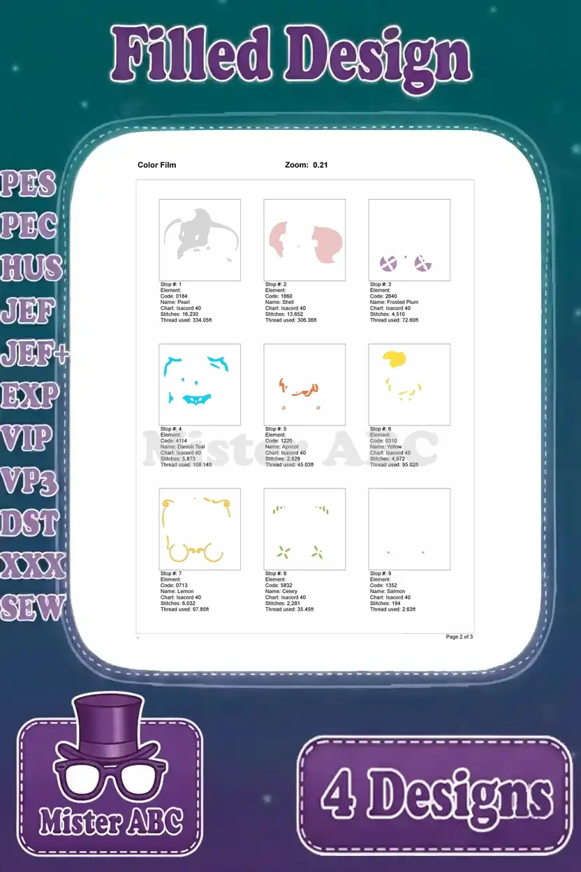 First page of the color film for Dumbo in a carriage embroidery, showing the initial stitch layers and color stops.