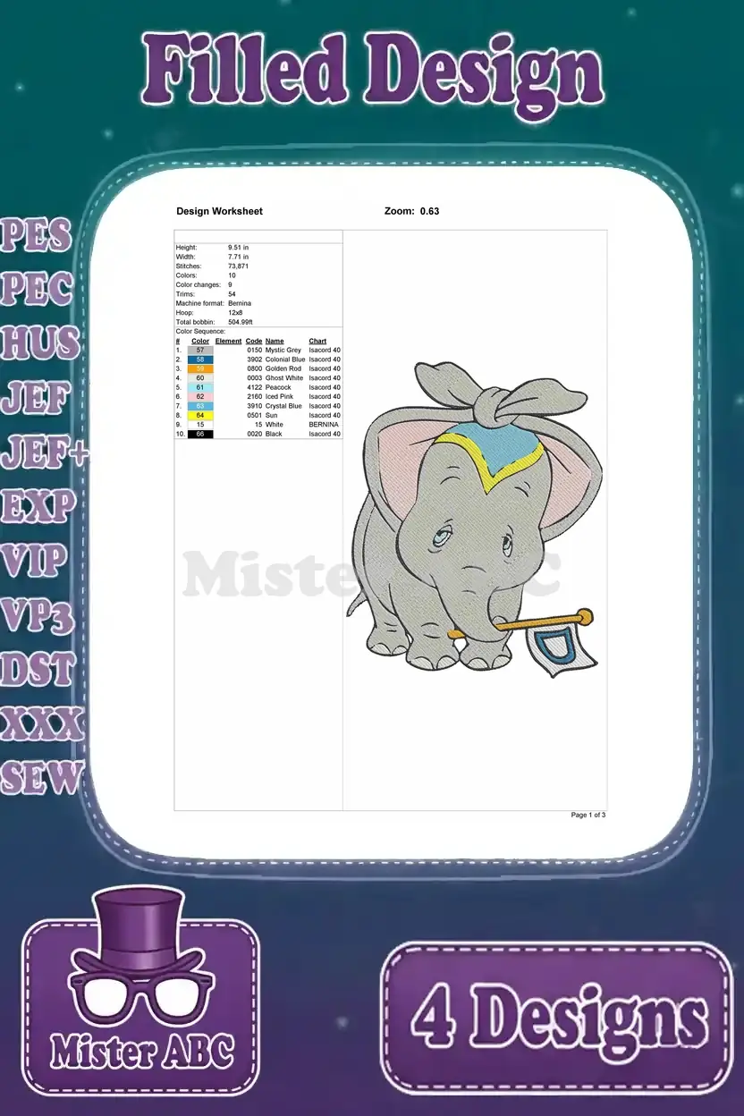 Detailed design worksheet for the Dumbo with flag embroidery, showing stitch count, color sequence, and dimensions.