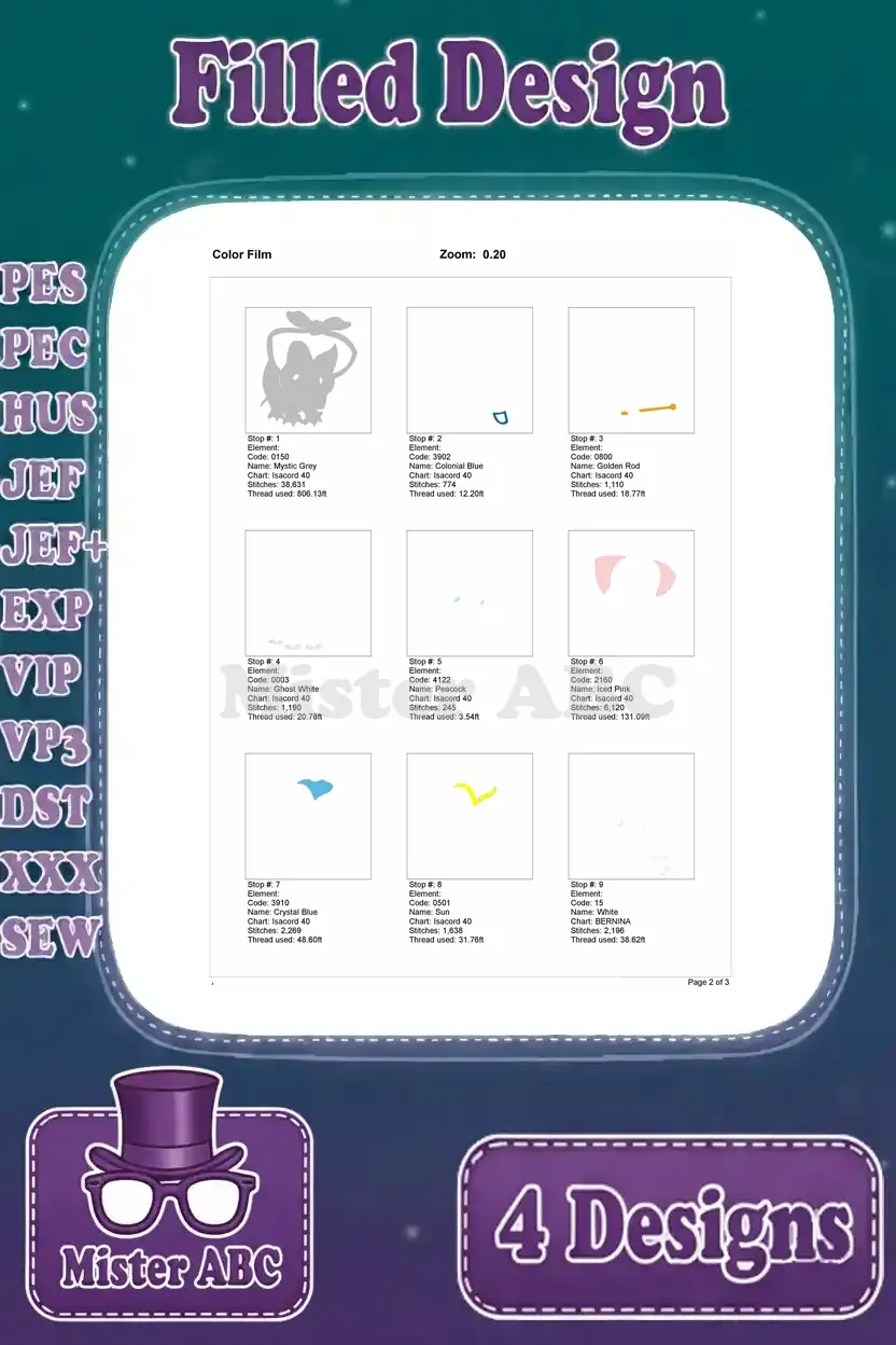 First page of the color film for Dumbo with flag embroidery, showing the initial stitch layers and color stops.