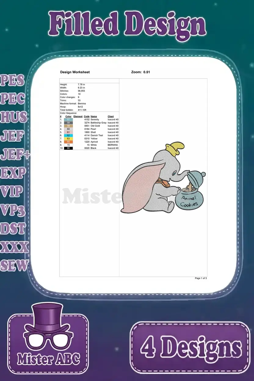 Detailed design worksheet for the Dumbo with animal cookies embroidery, showing stitch count, color sequence, and dimensions.