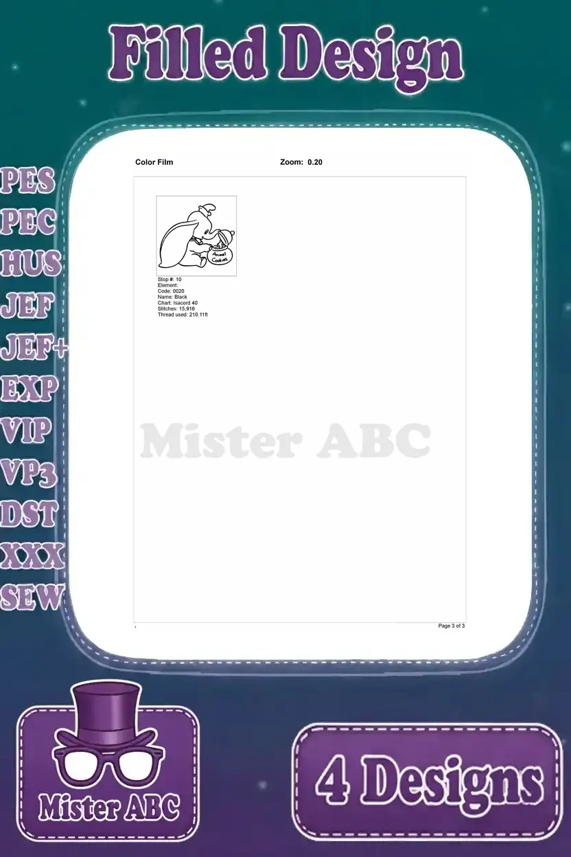 Second page of the color film for Dumbo with animal cookies embroidery, showing the remaining stitch layers and color stops.