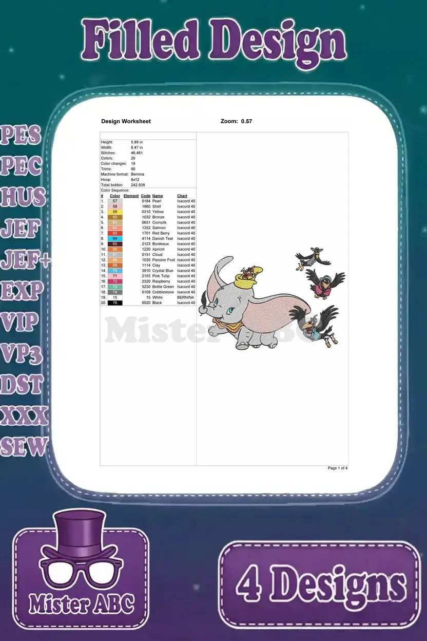 Detailed design worksheet for the Dumbo flying with birds embroidery, showing stitch count, color sequence, and dimensions.