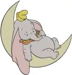Dumbo Baby Elephant Lying Down Sleeping On Moon And Learning To Fly Poses - Filled Embroidery Design - 2704
