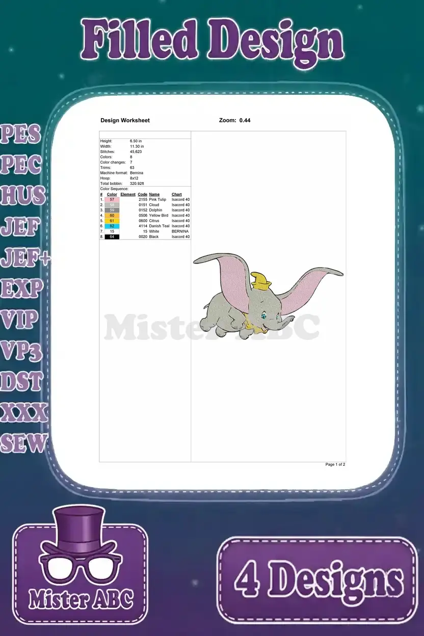Detailed design worksheet for a flying Dumbo embroidery, showing size, stitch count, and color sequence.