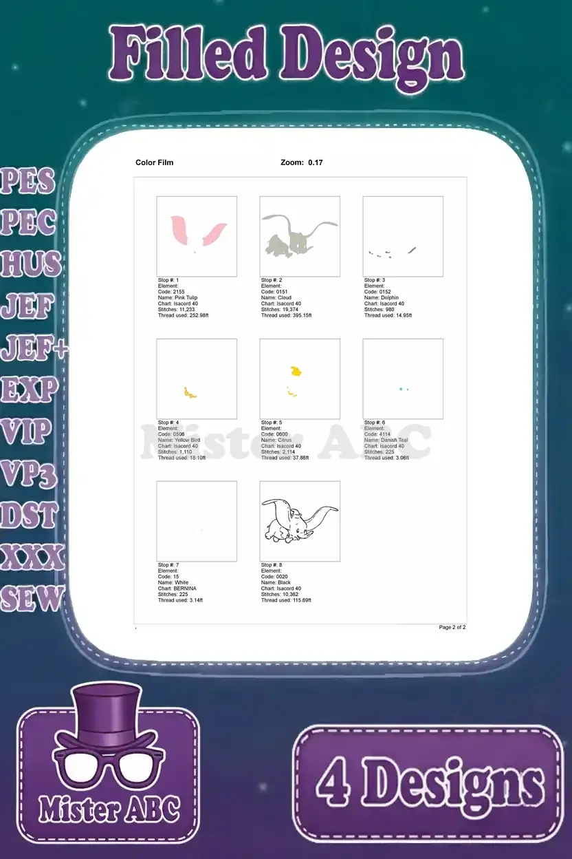 Color film breakdown for the Dumbo flying embroidery design, illustrating stitch order and thread changes.