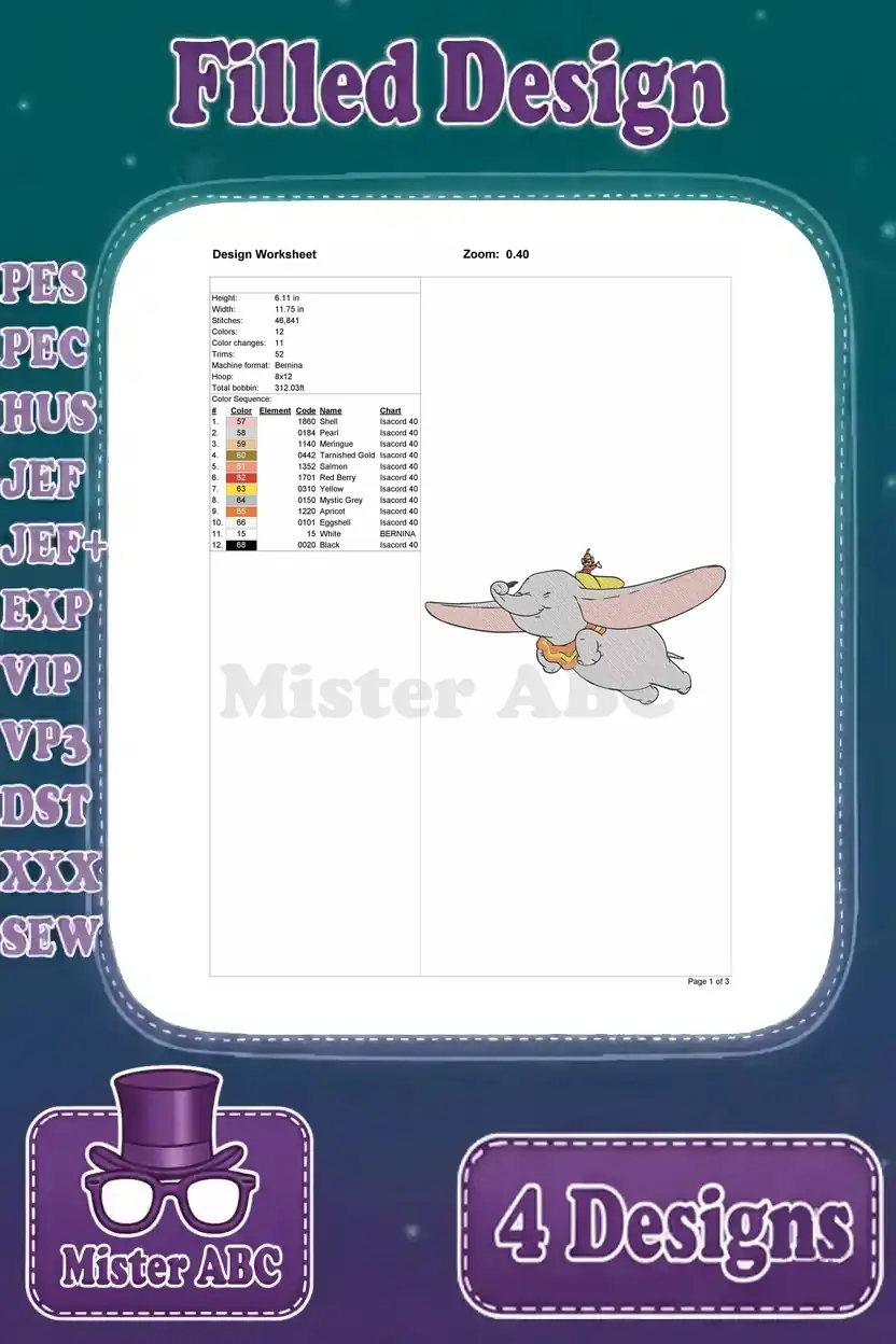 Design worksheet for a second Dumbo flying pose, detailing stitch information, dimensions, and color chart.