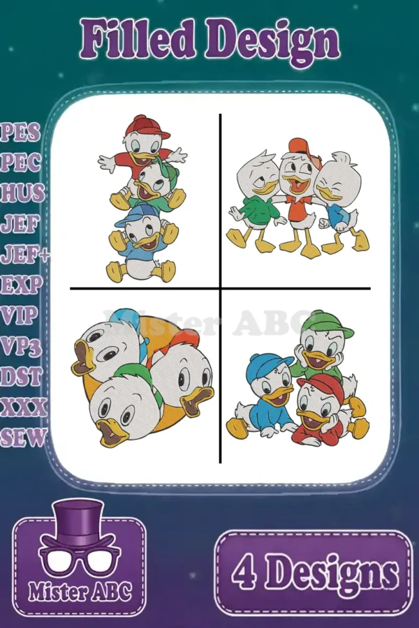 A vibrant collage showcasing four unique filled embroidery designs of Huey, Dewey, and Louie for various machines.