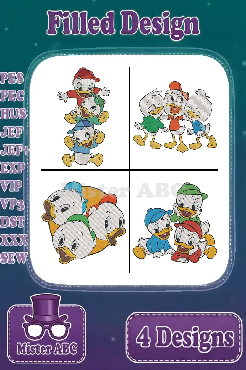 A vibrant collage showcasing four unique filled embroidery designs of Huey, Dewey, and Louie for various machines.