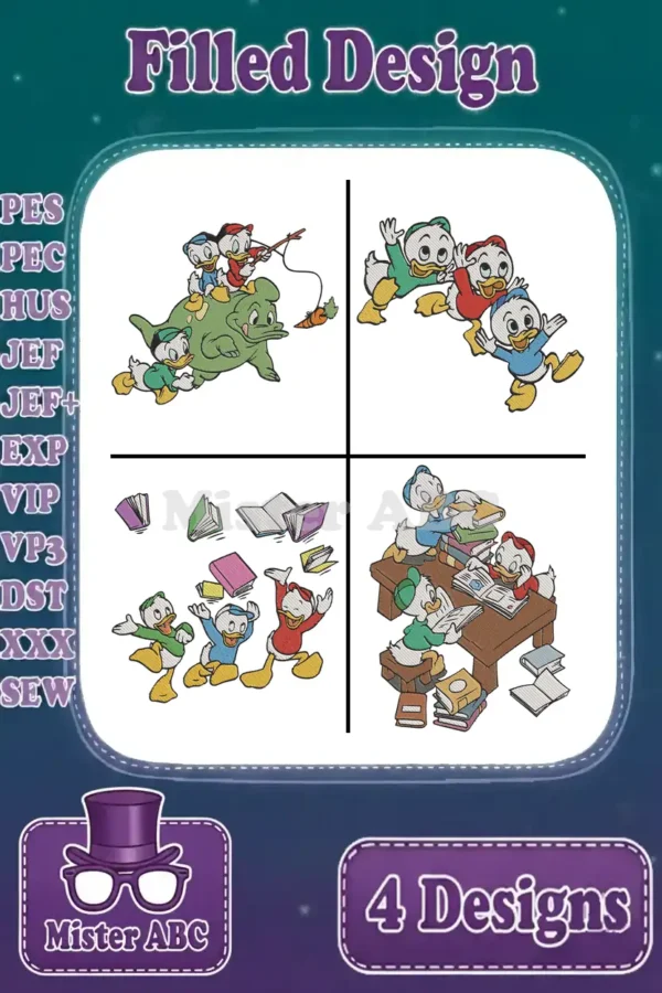 A vibrant collage of four filled embroidery designs featuring Disney's Huey, Dewey, and Louie in various playful scenarios.