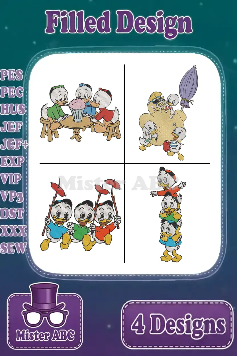 A vibrant main image showcasing four filled embroidery designs of Huey, Dewey, and Louie in various fun scenes.
