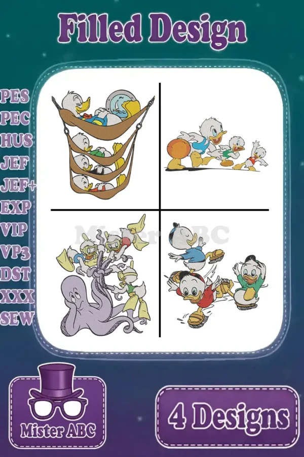 A vibrant main product image displaying four unique filled embroidery designs of Huey, Dewey, and Louie's adventures.