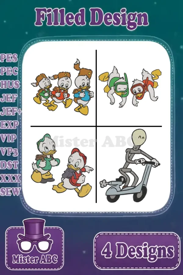 Four filled embroidery designs: three ducklings walking, three ducklings snorkeling, two ducklings walking, and a robot on a scooter.