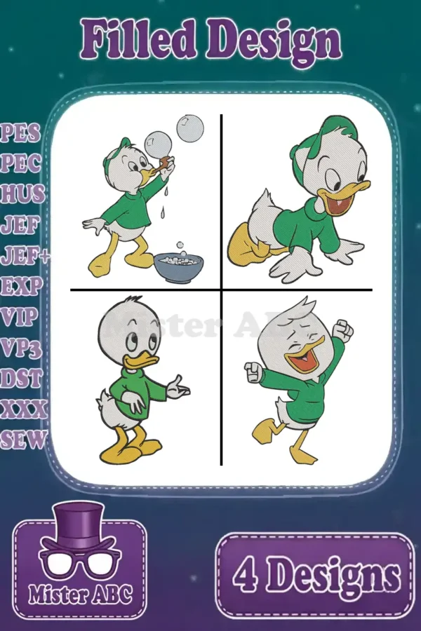 A vibrant main image displaying four filled embroidery designs of Louie Duck in various playful poses, ready for crafting.