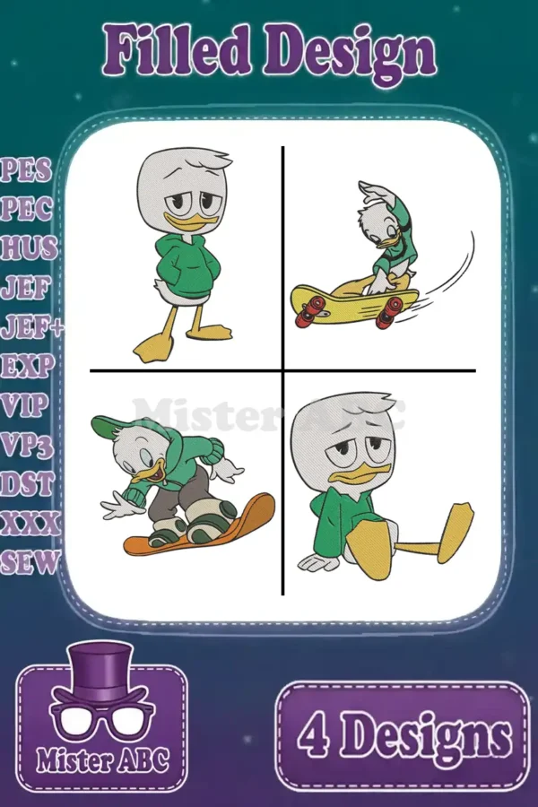 Four distinct filled embroidery designs of Louie Duck from DuckTales, showcasing standing, skateboarding, and snowboarding poses.