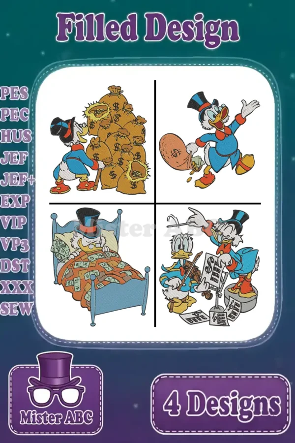 A vibrant main image displaying four distinct filled embroidery designs featuring Scrooge McDuck in various poses.