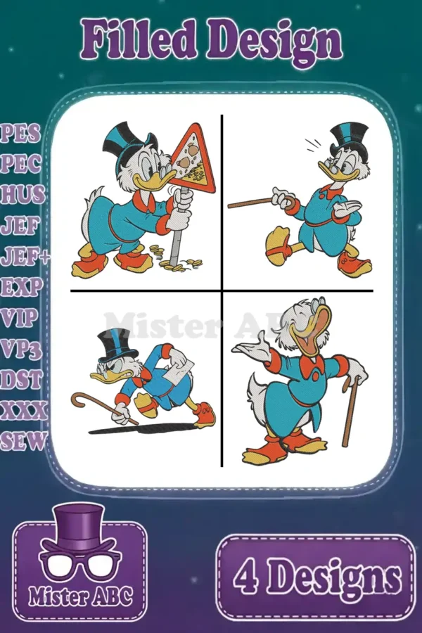 A collage of four vibrant filled embroidery designs featuring Scrooge McDuck in different adventurous poses, ready for stitching.