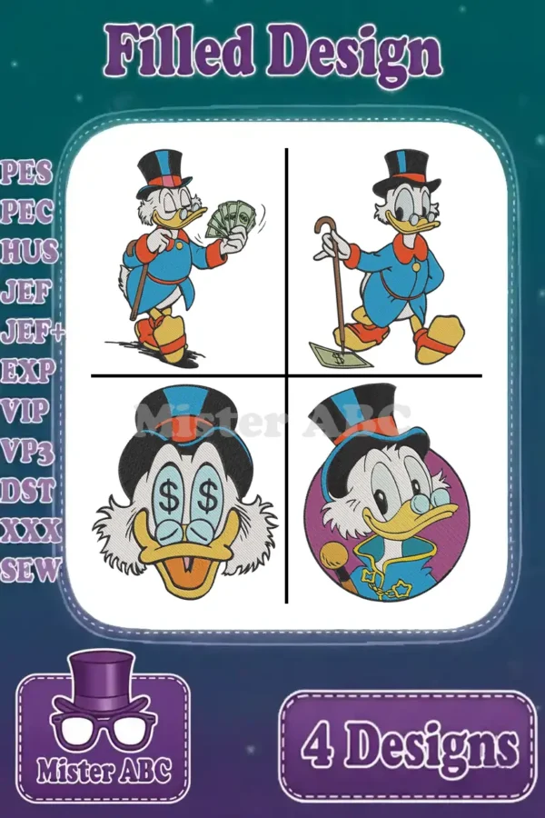 A vibrant collection of four Scrooge McDuck filled embroidery designs, showcasing his iconic poses and expressions. Ideal for various crafting projects.
