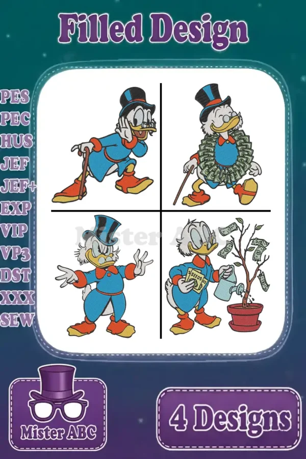 A vibrant collection of four Scrooge McDuck filled embroidery designs, showcasing different poses, ready for machine stitching.