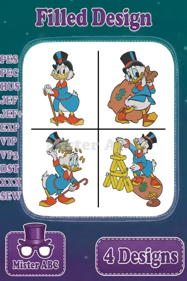 A vibrant collage of four Scrooge McDuck filled embroidery designs, showcasing various poses and multiple file formats.