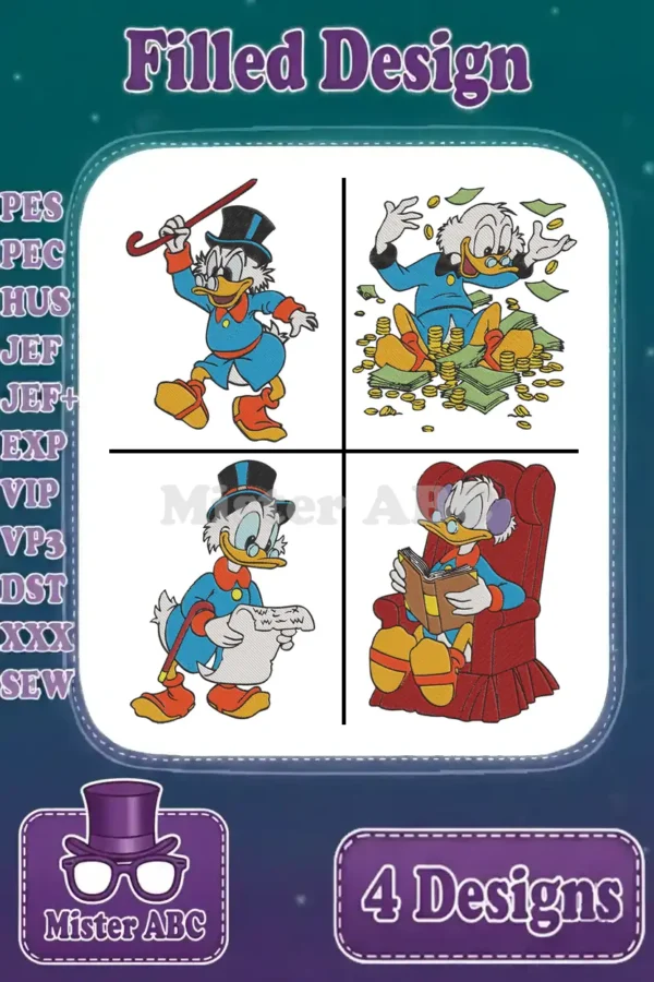 A vibrant display of four Scrooge McDuck filled embroidery designs, showcasing his iconic poses and wealth.