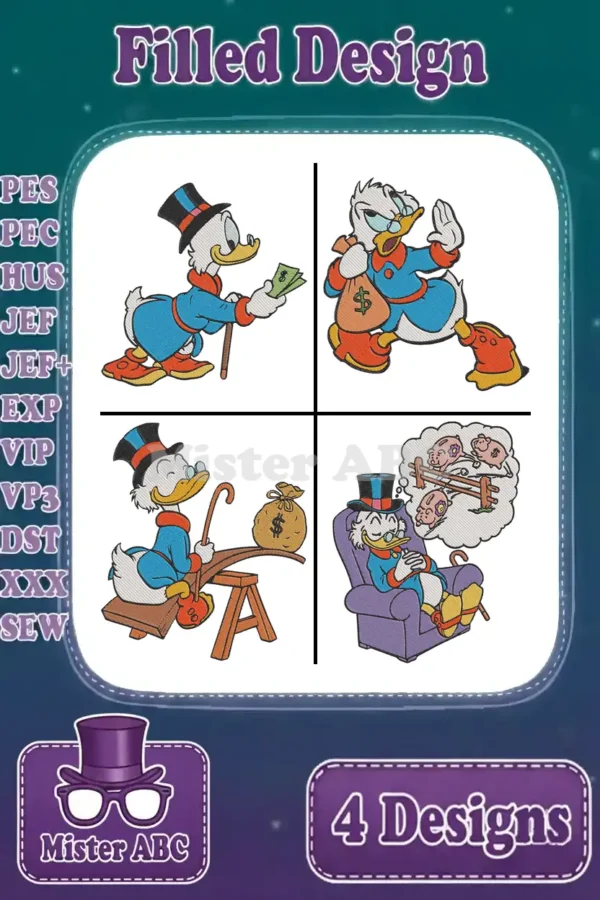 A collection of four vibrant filled embroidery designs featuring Scrooge McDuck in various money-themed poses, ready for stitching.