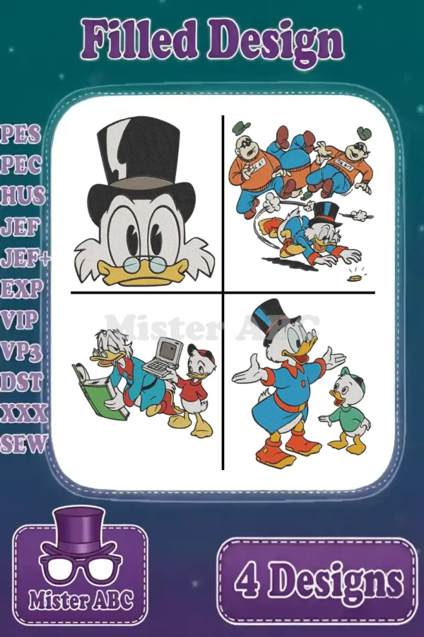 A vibrant collage of four filled embroidery designs featuring Scrooge McDuck in various iconic poses and scenes.
