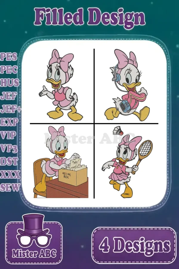 A vibrant collage of four Daisy Duck filled embroidery designs, showcasing her in various playful activities, ready to stitch.