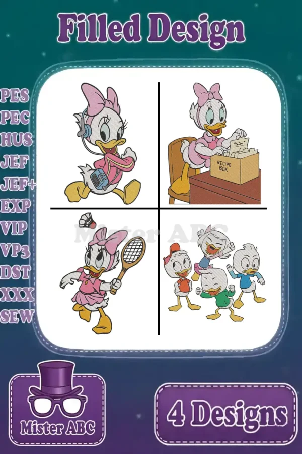A vibrant collage showcasing four filled embroidery designs: Daisy Duck jogging with music, cooking, playing tennis, and Huey, Dewey, and Louie together.