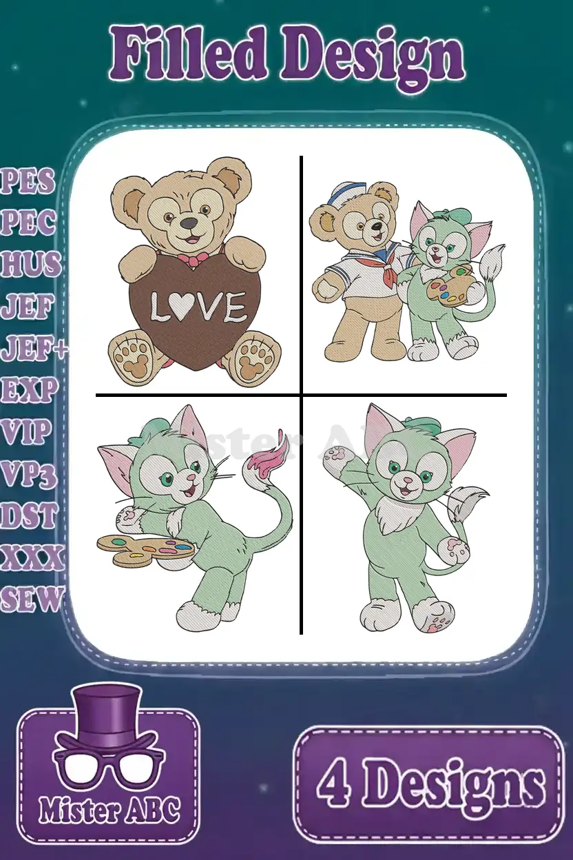 A vibrant collage of four filled embroidery designs: Duffy Bear with a heart, Duffy and Gelatoni sailor, and two Gelatoni poses.