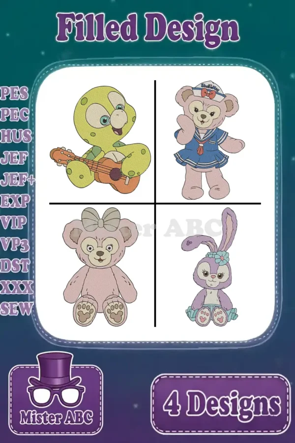 A charming collection of four filled embroidery designs featuring Olū Mel the turtle, ShellieMay bears, and StellaLou the bunny.