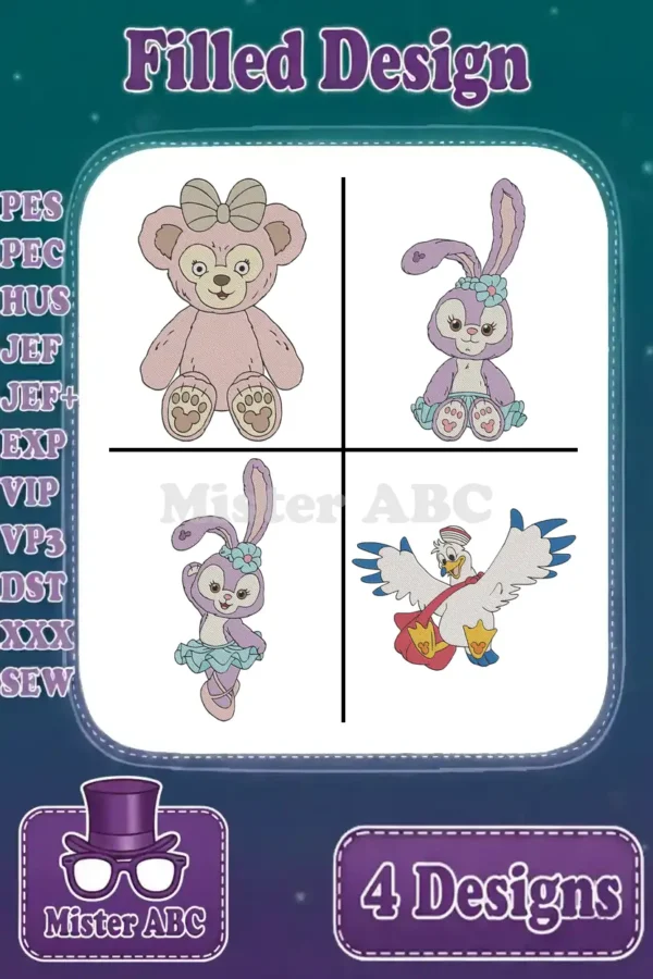 Showcasing four filled embroidery designs: ShellieMay, StellaLou sitting, StellaLou dancing, and Gelatoni as an eagle. Multiple formats listed.